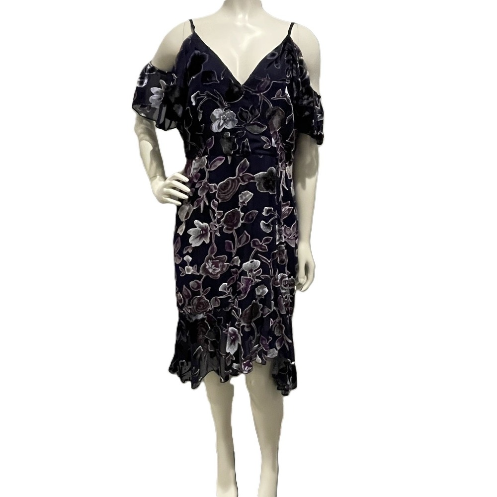 Chelsea Large Velvet Burnout Floral Cold‎ Shoulder Midi Dress Whimsigoth